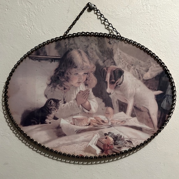 Charles Burton Barber Other - Charles Burton Barber “Suspense" Print Girl Praying Breakfast Flue Cover Chain